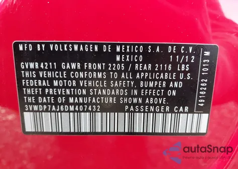 2013 Volkswagen Jetta 2.5L Se from USA, damaged, VIN 3VWDP7AJ6DM407432